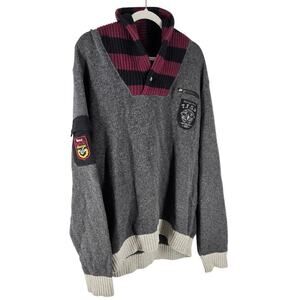 VTG Triple F.A.T. Goose Mens Large Shawl-Neck Preppy Crest Knit Pullover Sweater